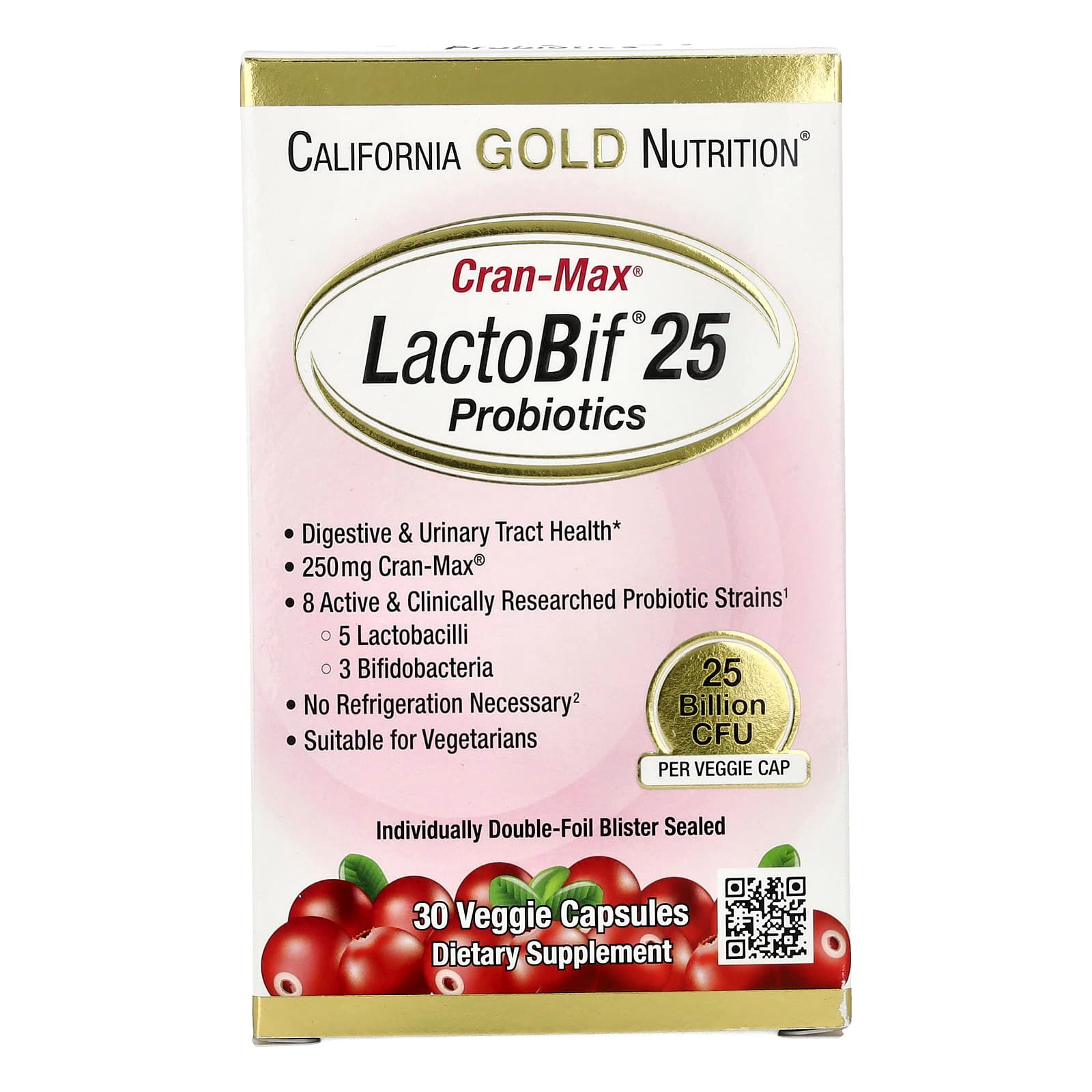 107 California Gold Nutrition، CranMax® LactoBif® Probiotics، 25 مليار وحدة تشكيل مستعمرة، 30 كبسولة عشبية - الصورة 1