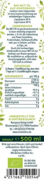 ⁦زيت MCT العضوي -  von Unimedica .Bio MCT-Öl - C8 + C10 - 500 ml⁩ - الصورة ⁦2⁩